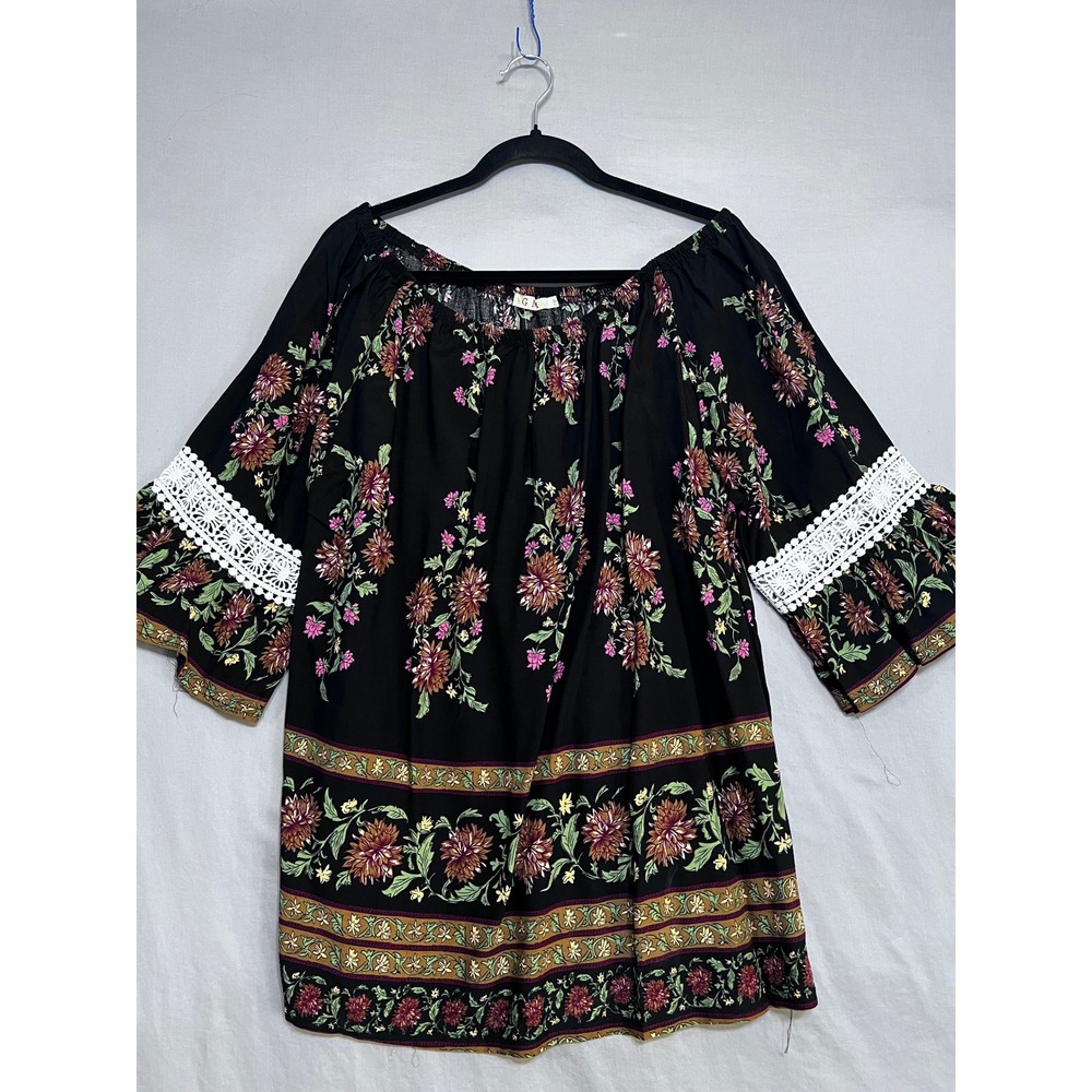 GK Black Floral Off The Shoulder Peasant Top Crochet Lace Bell Sleeve Boh